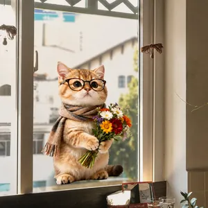 Dettaglio dell'adesivo per finestre con gatto carino e fiori su vetro pulito