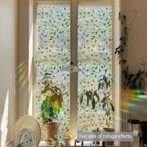 Detail of colorful floral window film showing iridescent light refraction on home interior