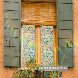 Detail of leaf pattern glass film with rainbow effect and collage layout on a window