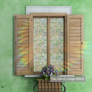 Detailed view of two sets of leaf pattern window films showing collage effects and rainbow refraction