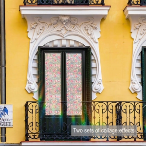 Floral static window film with pink blossoms on European style balcony glass doors