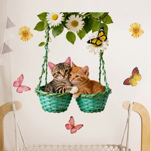 Stickers muraux créatifs avec chatons dans un panier fleuri et papillons colorés