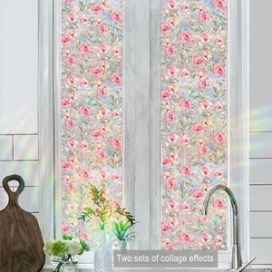 Detail showing two sets of floral window film collage with pink blossoms and green leaves