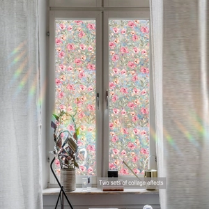 Detail view showing two sets of floral static window films with colorful mosaic glass effect