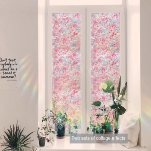 Detail showing pink floral window film with rainbow refraction effect on glass surface