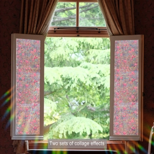 Detail of pink floral static window film showing light transmission and privacy effect