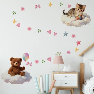 Stickers muraux enfant avec ours et chat sur nuages, cœurs roses et étoiles aquarelle