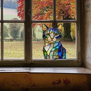 Bunter Buntglas Katze Fensteraufkleber Dekoration mit Katzenmotiv in Herbstlandschaft