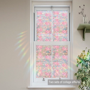 Detail of pink floral glass film showing rainbow prism effect on a window
