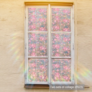 Pink floral static window film with prismatic sunlight effect on white wooden frames