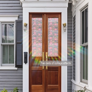 Detailed shot of pink floral privacy window film with rainbow refraction effect on wooden door