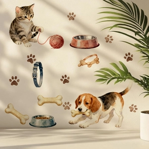 Autocollants aquarelle d'animaux domestiques avec chats et chiens sur un mur