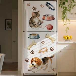 Autocollants aquarelle d'animaux avec chat et chien sur une porte de réfrigérateur