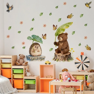 Stickers muraux aquarelle détaillés avec ours et hérissons pour décor de chambre