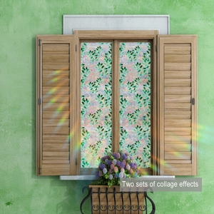 Detail of static flower window film showing rainbow prism effect and green leaf patterns