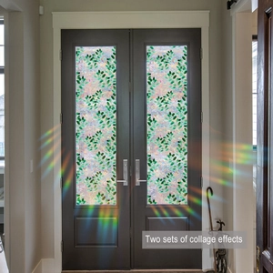 Detail of static window film with green leaf and mosaic pattern on glass doors
