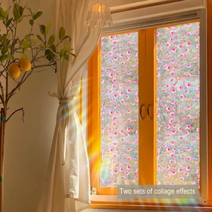 Detail view of pink floral static cling window film with stained glass art effect
