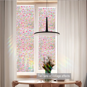 Detailed collage view of colorful pink floral static window film with rainbow refraction