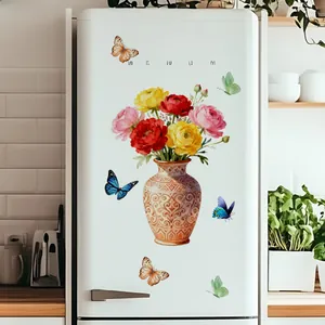 Detail of floral vase wall sticker with realistic butterflies on a white refrigerator