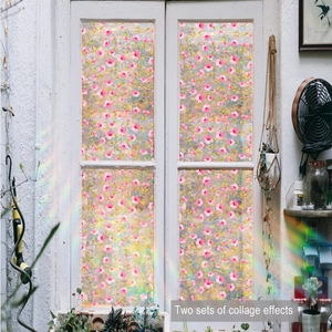 Detail of floral privacy window film with rainbow refraction effect on a wooden window