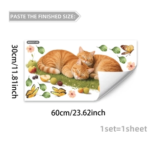 Détail de stickers muraux 60x30cm montrant des chats orange endormis et motifs floraux