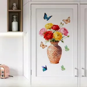 Floral wall stickers featuring colorful butterflies and a vintage flower vase on a cabinet