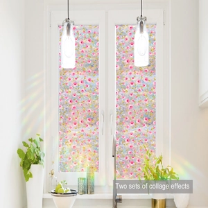 Detail of 3D pink floral static window film with rainbow refractive effect for glass