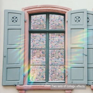 Detail of floral static window film with colorful butterfly and rainbow light effect