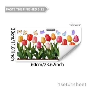 Lámina de pegatinas estáticas para ventanas con tulipanes y mariposas de 60x30cm
