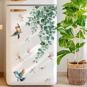 Detailed watercolor plant vine stickers with birds and dragonflies on a white fridge