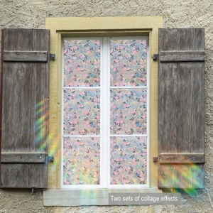 Detail of pink floral static window film showing rainbow prism effect and collage layout