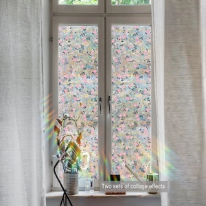 Detailed 3D floral window film with rainbow prism effect on double-pane glass