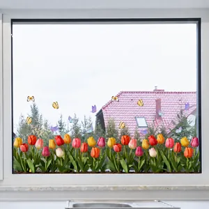 Detalle de vinilos estáticos con tulipanes coloridos y mariposas para cristales