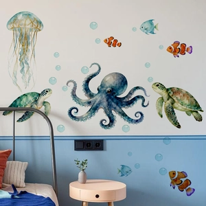 Watercolor sea life wall decals featuring jellyfish and sea turtles for bedroom decor