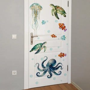 Detailed watercolor ocean wall decals with octopus and sea turtles on a white door