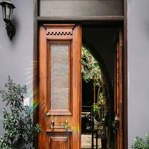 Detailed close-up of decorative floral static cling film applied on a wooden door glass