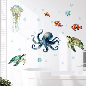 Macro detail of watercolor sea animal wall stickers with turtles and jellyfish in a bathroom