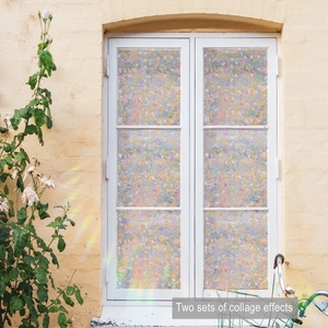 Close-up of rainbow window film with floral patterns showing two sets of collage effects