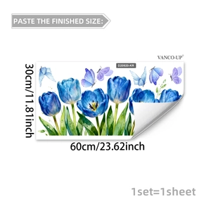 Detalle de vinilo para ventana 30x60cm con tulipanes azules y mariposas en PVC