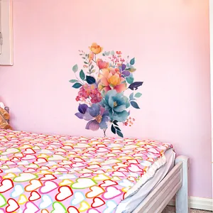 Detailed watercolor floral wall stickers applied to a pink bedroom wall decor background