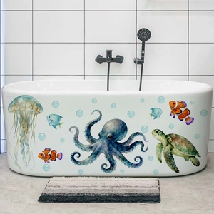 Detailed sea creatures wall stickers featuring octopus and turtle on a bathtub surface