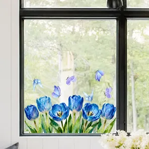 Détail de stickers de fenêtre tulipes bleues et papillons au design floral aquarelle