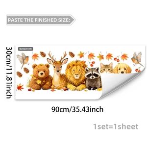 Detailed view of autumn animal wall stickers with size dimensions and layout