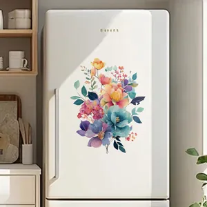 Artistic watercolor flower wall stickers applied to a white modern refrigerator surface
