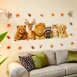 Cute cartoon forest animals and maple leaves wall stickers for kids nursery room decor