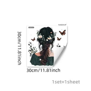 Detailed view of hand-drawn angel girl wall sticker with floral crown and butterflies