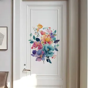 Watercolour floral wall stickers on white door with peony and daisy artistic patterns