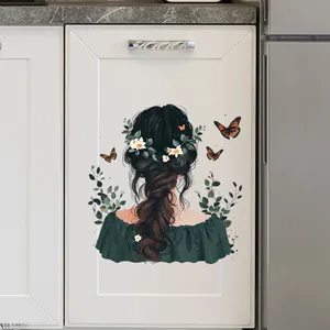 Detail view of girl with floral braid wall sticker on a modern white kitchen cabinet