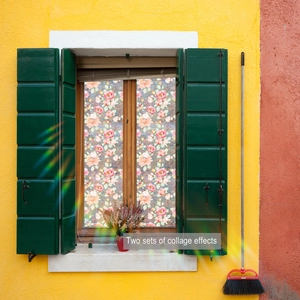 Detail of vintage floral window film showing colorful collage effects on a glass pane