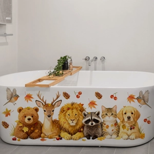 Detail showing cute autumn forest animals and maple leaf stickers on a white bathtub side